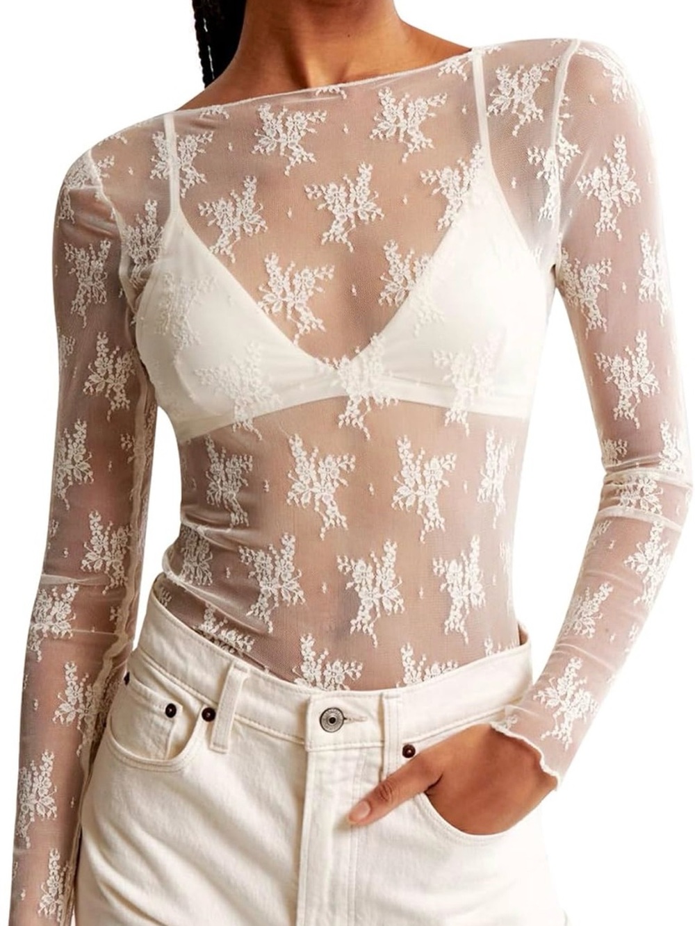White Lace Long Sleeve Sheer Top - Picture 4 of 4